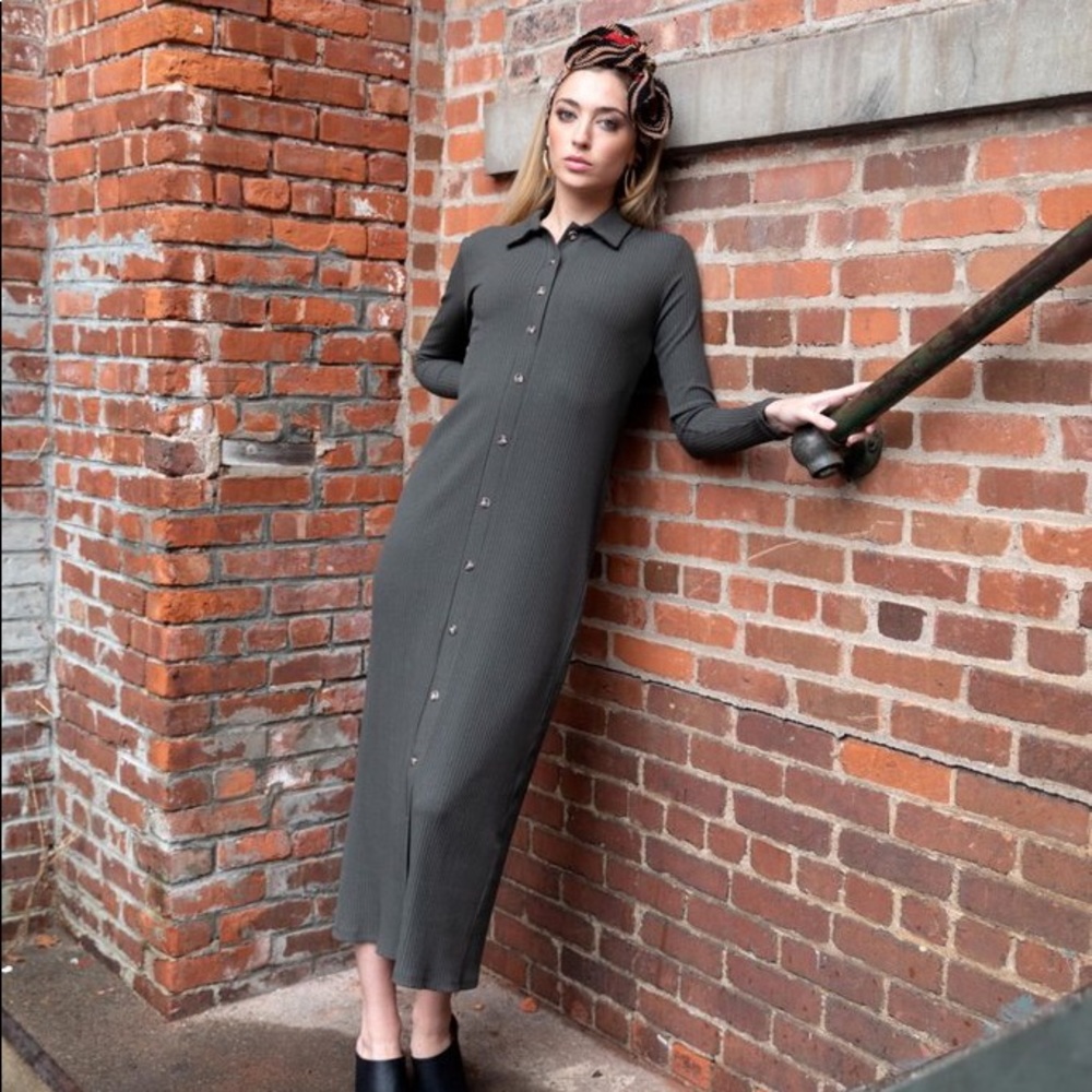 There’s by Cee Ribbed shirt dress-Heather Brown